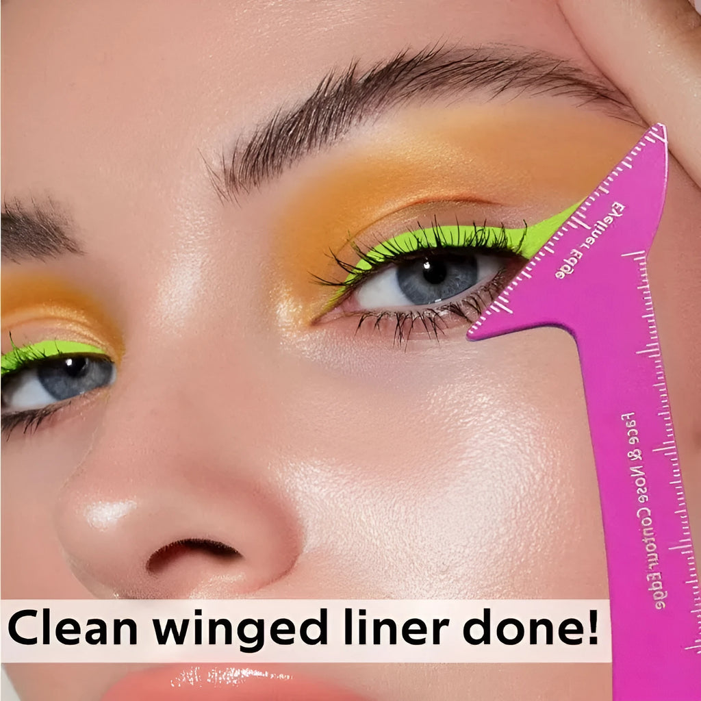 Close-up of pink reusable plastic makeup stencils for eyeliner wings, eyebrow shaping, and nose contour on a table.