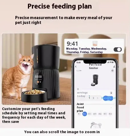 Black and white automatic intelligent pet feeder with USB cable for timed, portion-controlled feeding.