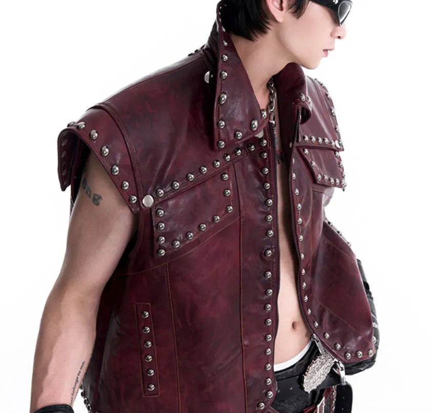 Special-interest leather vest coat set with heavy industry rivets, red top and matching trousers, lapel collar
