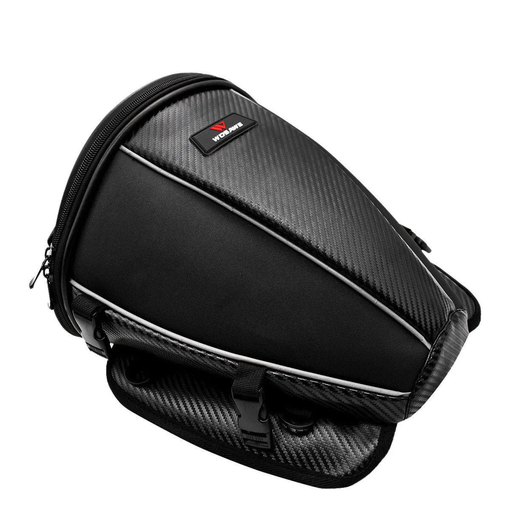 Black motorcycle seat bag with reflective strips, shown with carrying strap.