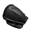 Black motorcycle seat bag with reflective strips, shown with carrying strap.