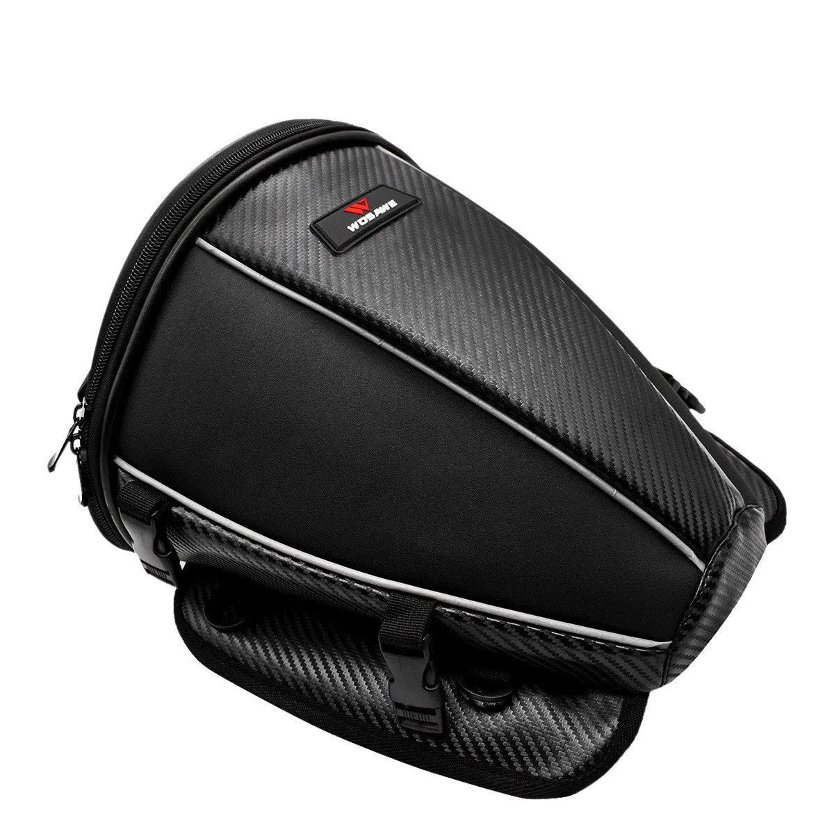 Black motorcycle seat bag with reflective strips, shown with carrying strap.