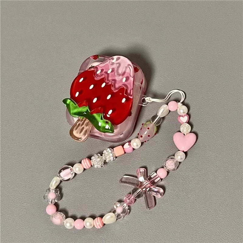 3D strawberry ice cream AirPods case for AirPods 1/2, 3rd Gen, Pro and Pro 2 with optional bracelet