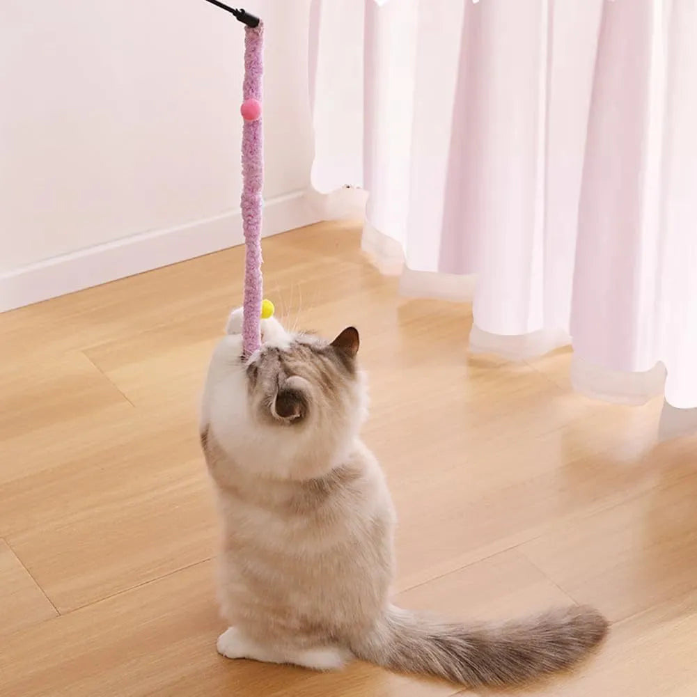 Blue interactive cat wand toy with a long plush strip and fluffy bell ball.