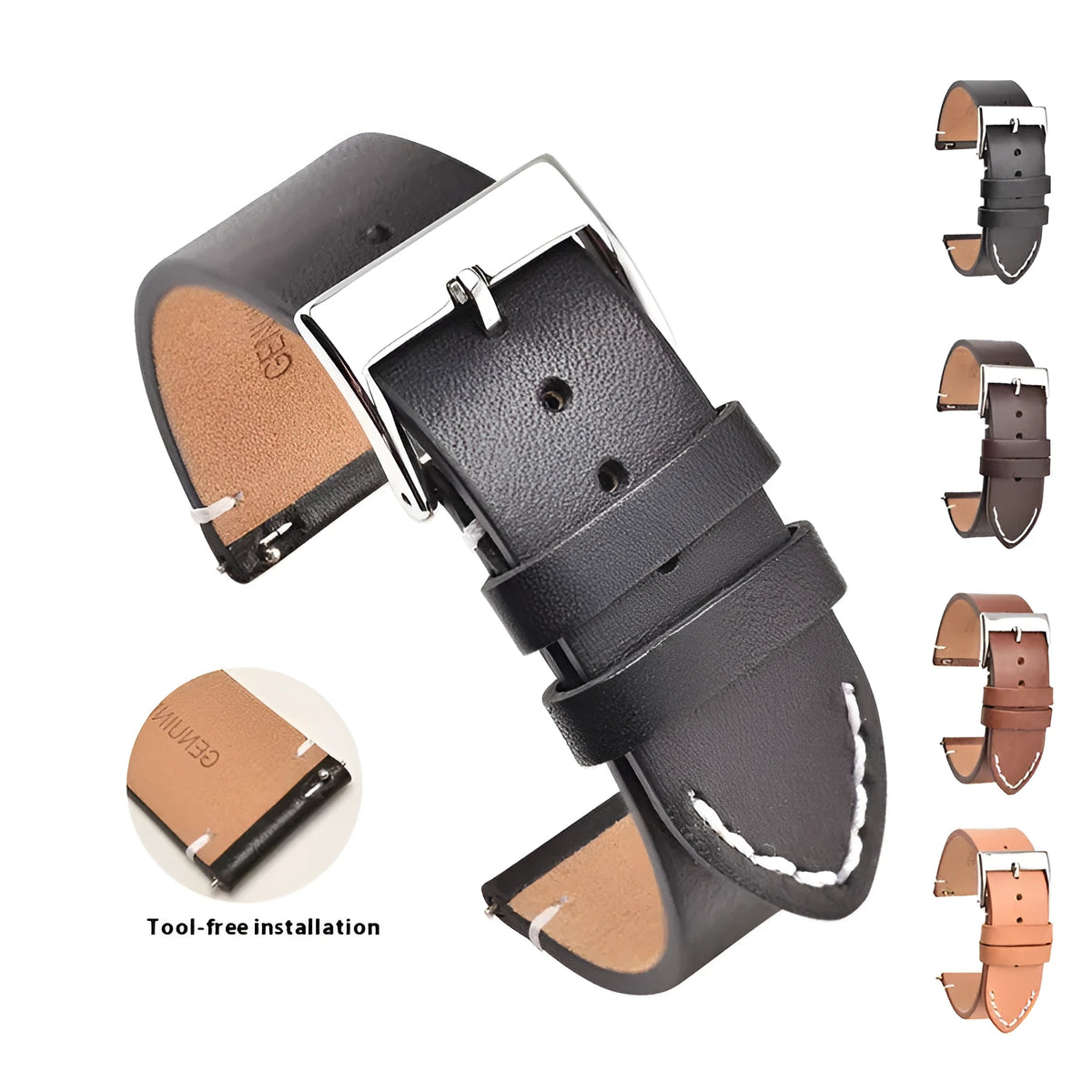 Leather watch strap with stainless steel pin buckle, available in black, dark brown, light brown, or yellow, 12mm to 24mm width, 2mm thick.