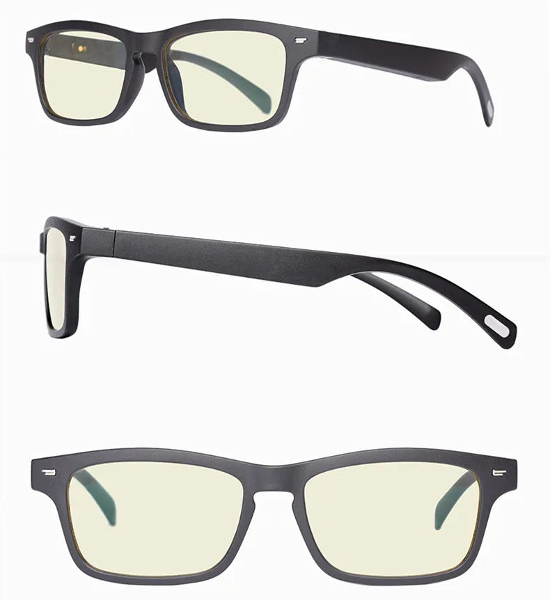 Smart sunglasses with black frame, polarised lenses, and built-in Bluetooth speakers in the temples.