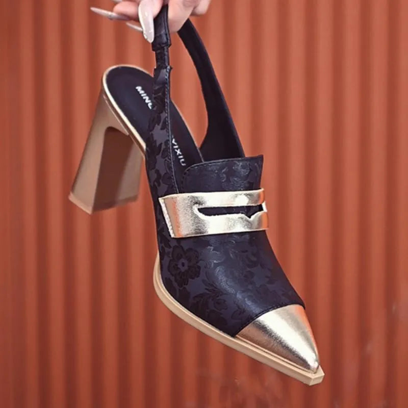 Korean style women's black chunky heel strap sandals with pointed toe and high-cut ankle design.