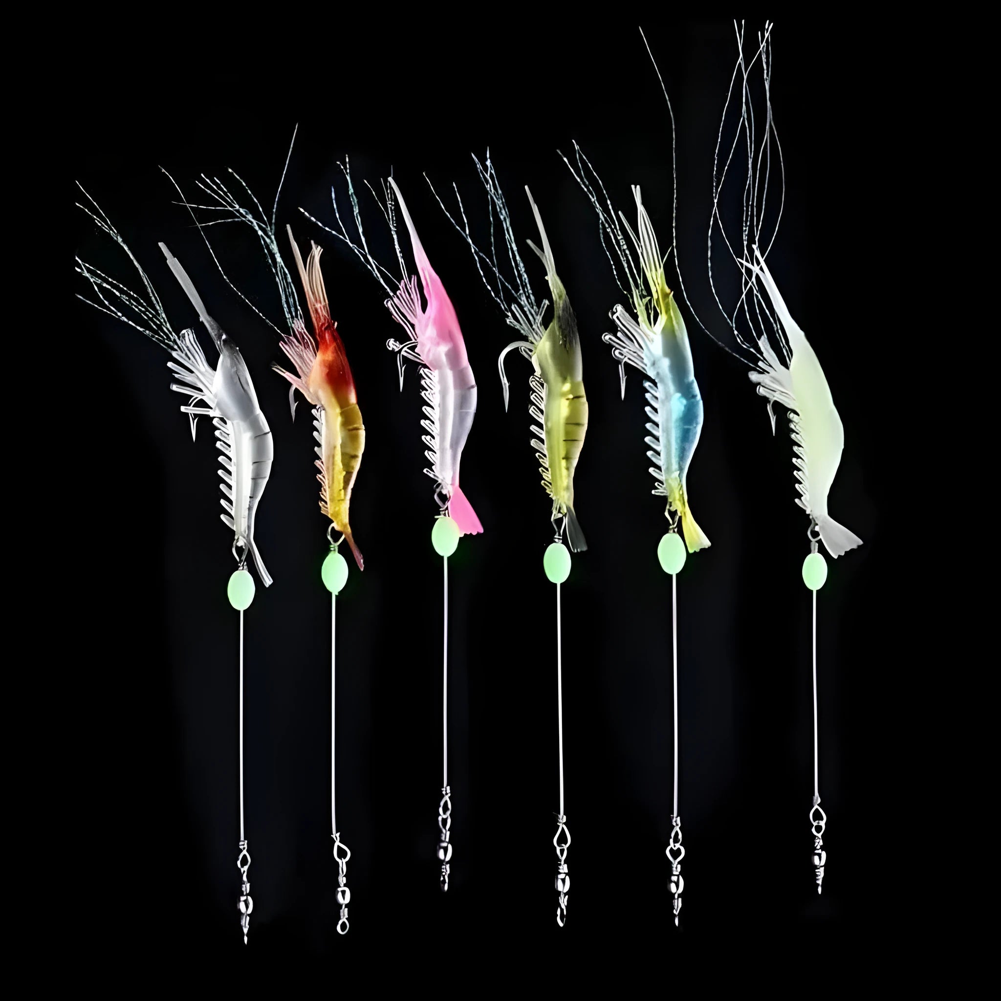 Soft plastic fishing lure set with hooks in six colour variations including luminous options