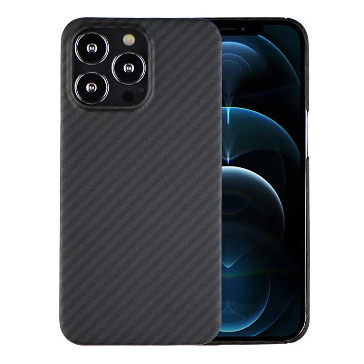 Slim Kevlar fibre iPhone back case with stripe detail and textured black finish.