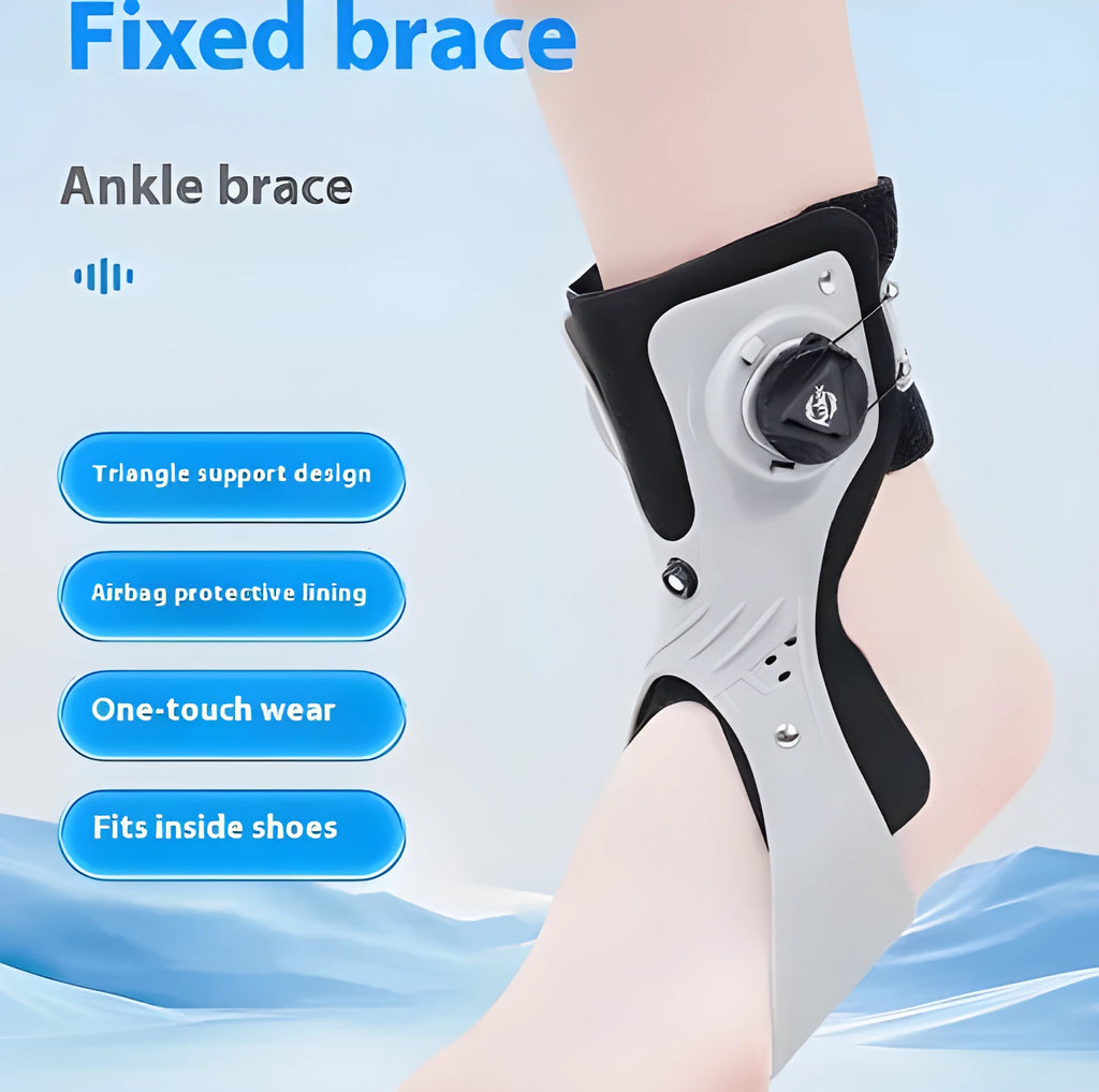Grey and black adjustable ankle support brace with airbag button for custom fit
