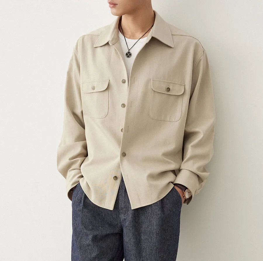 Men's simple lapel profile shirt in chemical fibre blend fabric with long sleeves