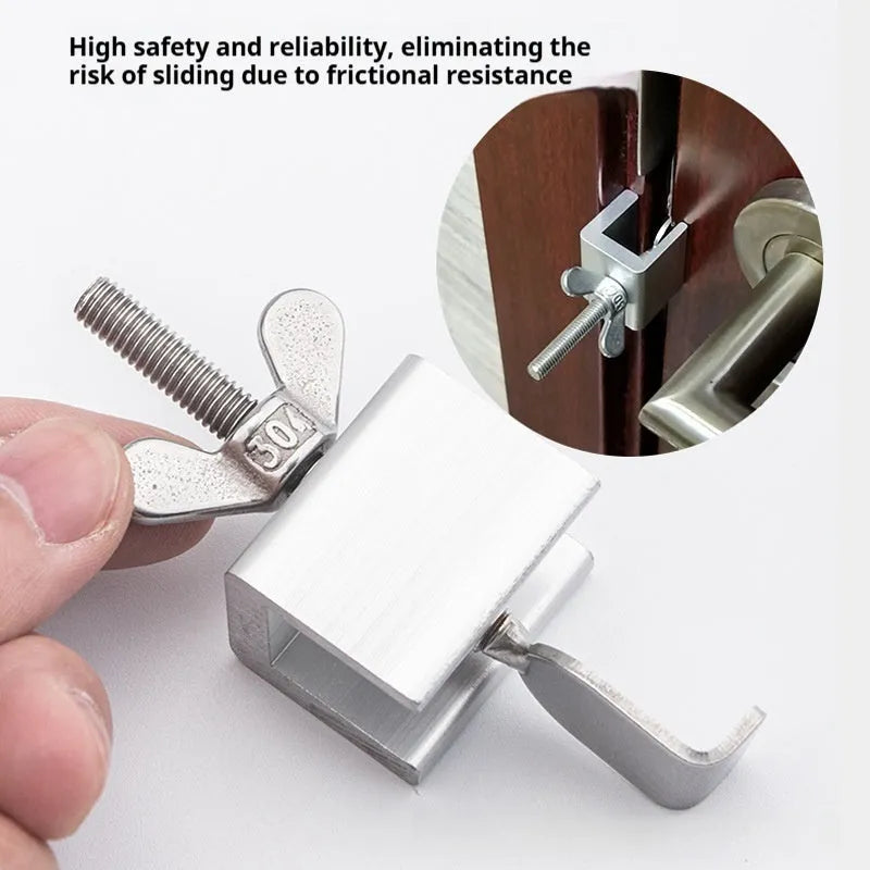 Portable hotel door stopper security lock in stainless steel and aluminium alloy with through-plug and shackle lock