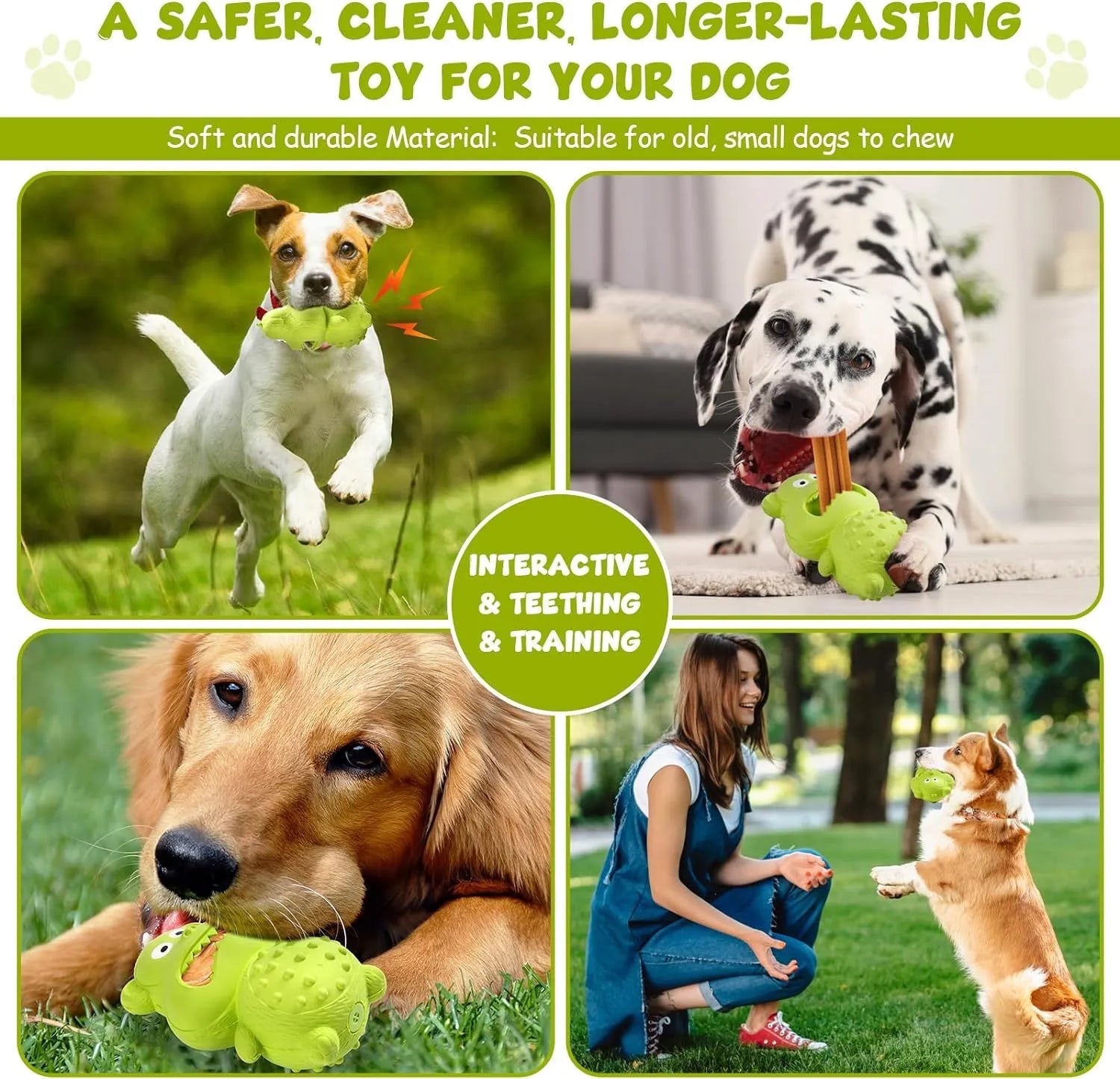 Green and yellow thick natural rubber squeaky dog toy for aggressive chewing breeds.