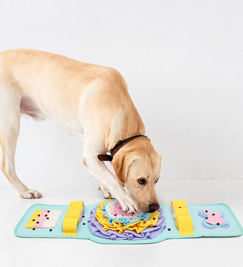 Blue pet sniff mat watch-style design with anti-slip base for slow feeding and nosework training for dogs