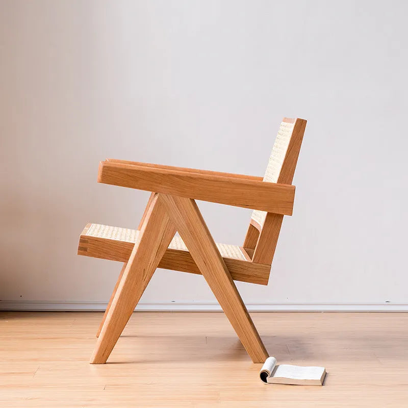 Mid-ancient solid wood rattan leisure chair in cherrywood natural colour, 57x74x70cm, for living room or balcony