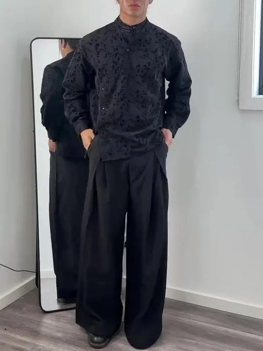 Black jacquard mandarin collar top with asymmetric button placket, polyester, regular fit