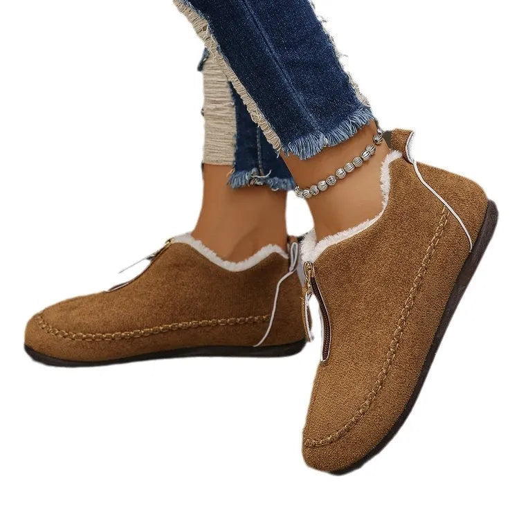 Women's casual solid colour suede retro snow boots, low-top, cotton lining, rubber sole, available camel and black