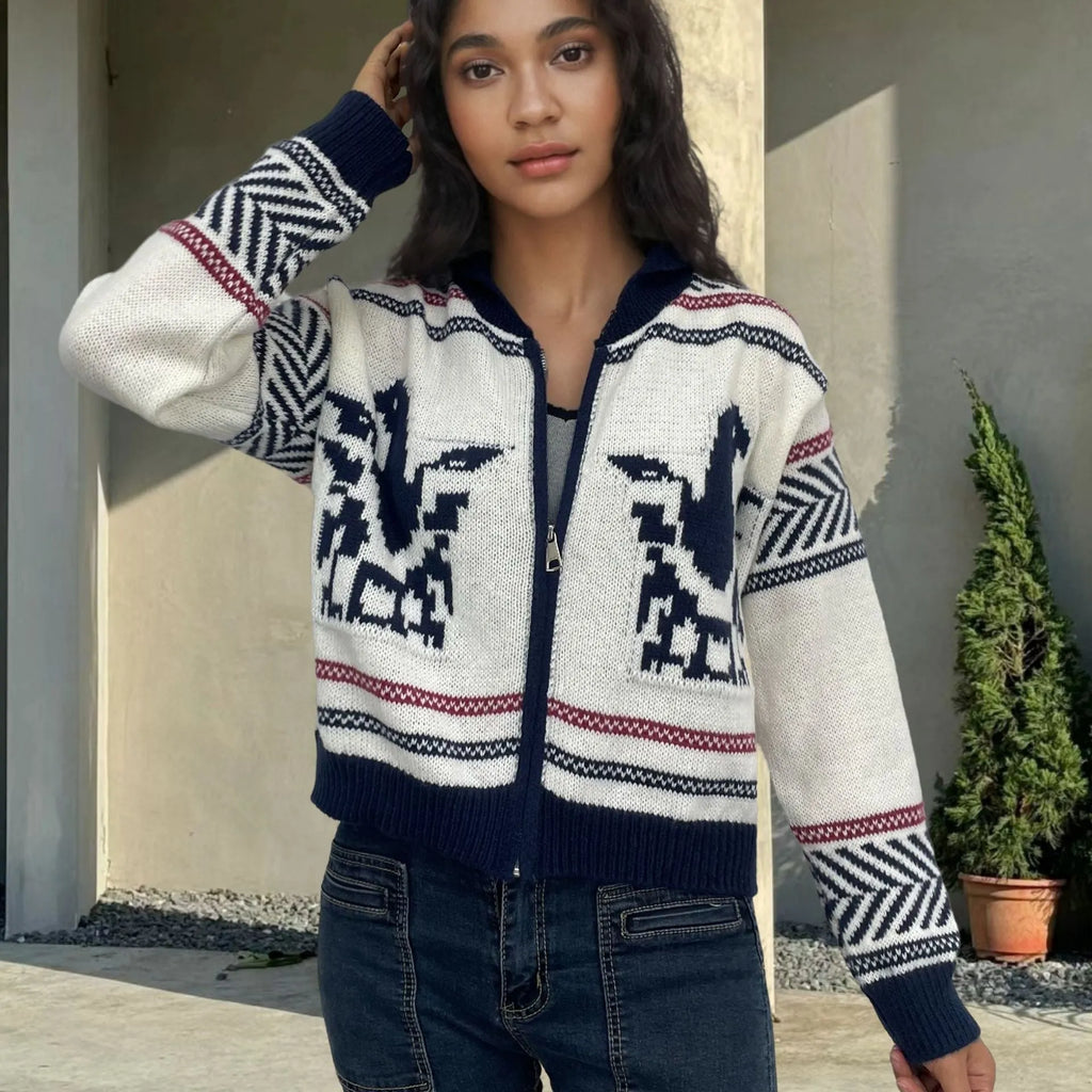 White women's zip-front cardigan with contrast colour jacquard stripes, short lapel design