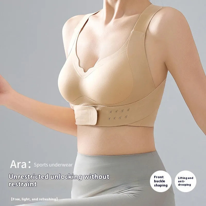 Women's front buckle exercise bra with back shaping in nylon fabric