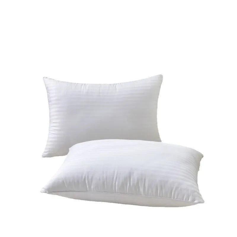 White cotton satin stripe pillow with a feather cotton fill, shown in low, medium, and high loft options.
