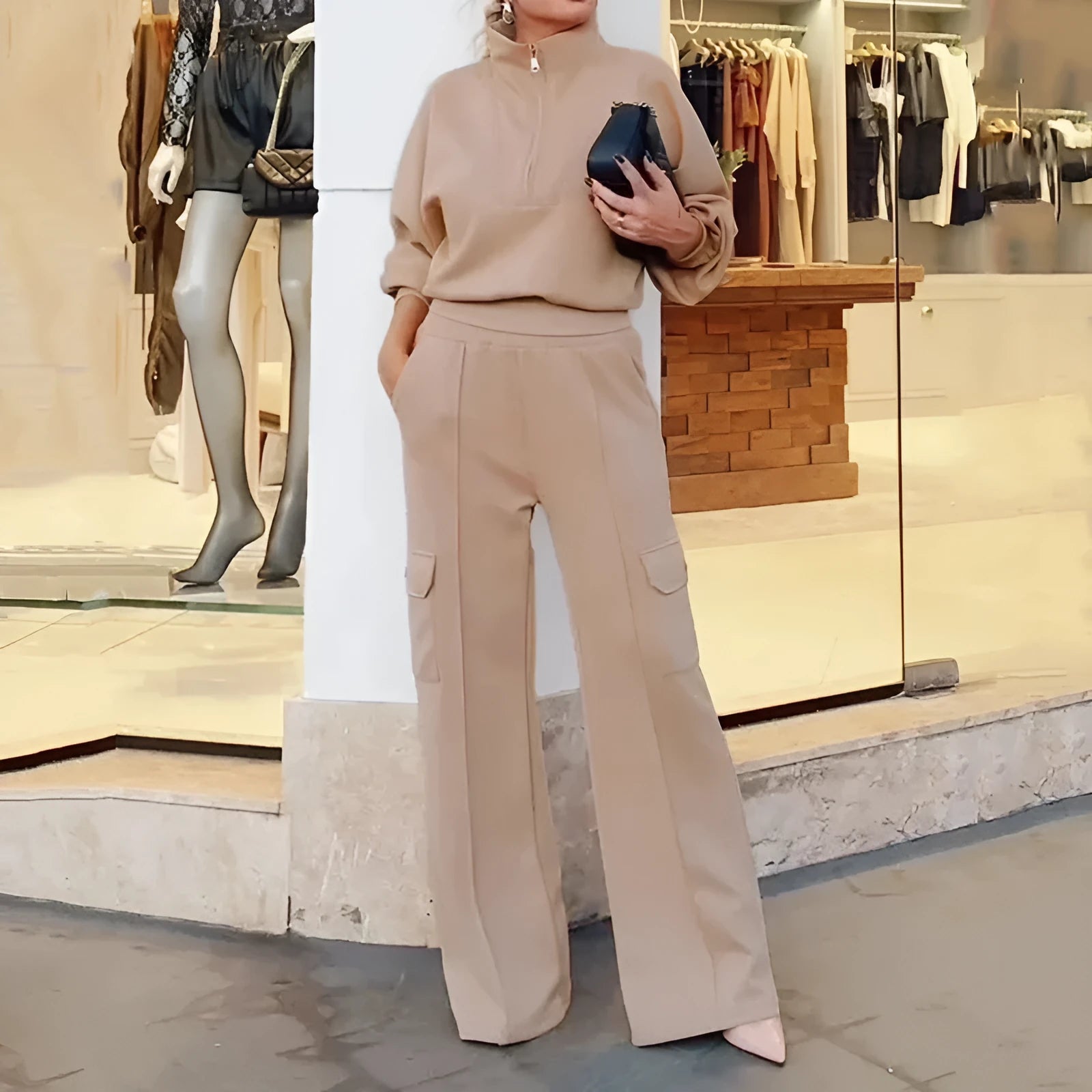 Women's light camel polyester lapel top and wide leg trouser two-piece work clothes set