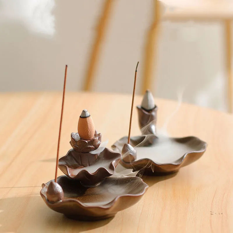 Square purple clay ceramic reverse flow incense burner with lotus and plum blossom good luck patterns