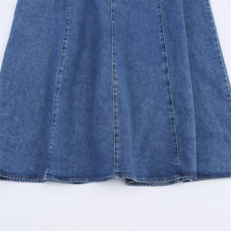 Off-the-shoulder backless denim dress with lace-up back halter neck A-line silhouette women polyester picture colour