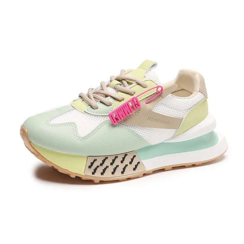 Women's breathable faux leather trainers with 3-5cm mid heel, mesh lining, rubber sole, in yellow green blue