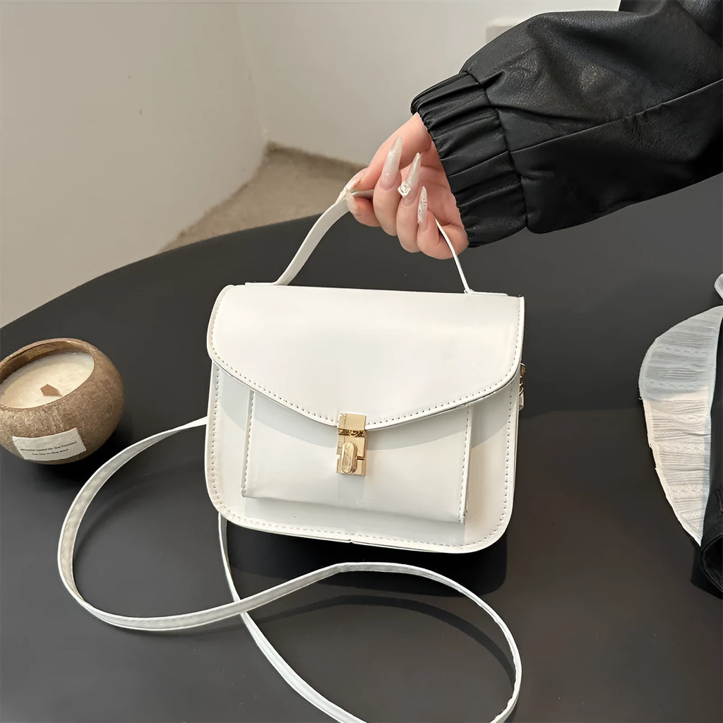 Retro style square messenger bag in PU leather, shown in black colour with visible sewing lines.