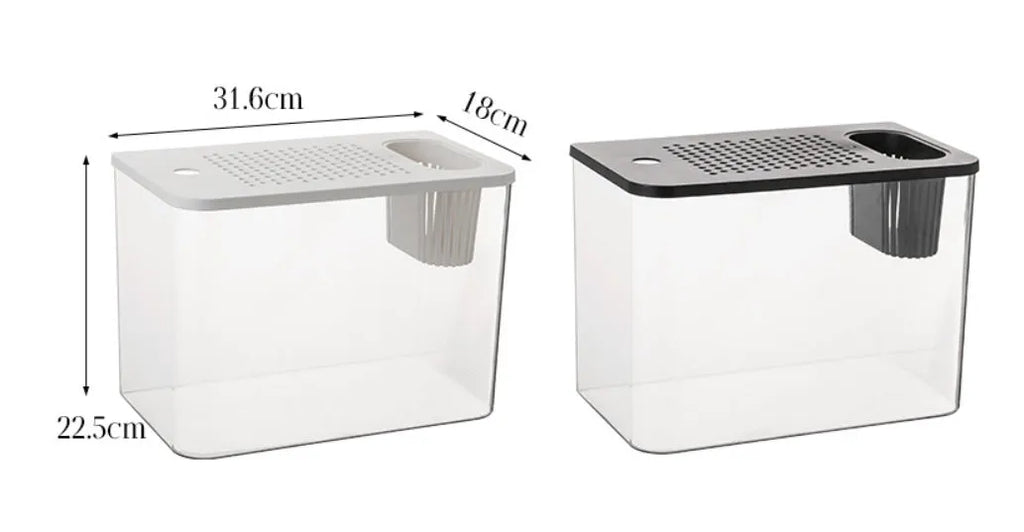 Compact black ecological betta tank with integrated filter and hinged LED light cover on a wooden sideboard.