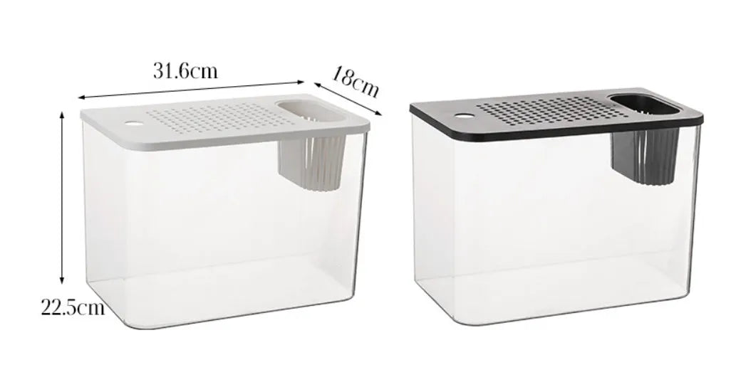Compact black ecological betta tank with integrated filter and hinged LED light cover on a wooden sideboard.