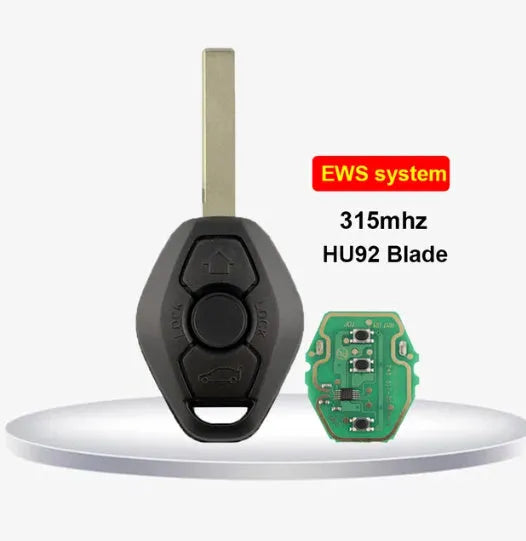 BMW EWS 3 remote replacement key with three buttons, ID44 chip, and HU58 blade cut
