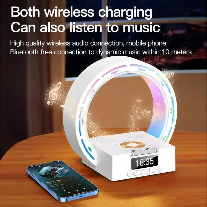 4-in-1 wireless Bluetooth speaker charging pad bedside lamp with alarm clock wake-up light in bedroom