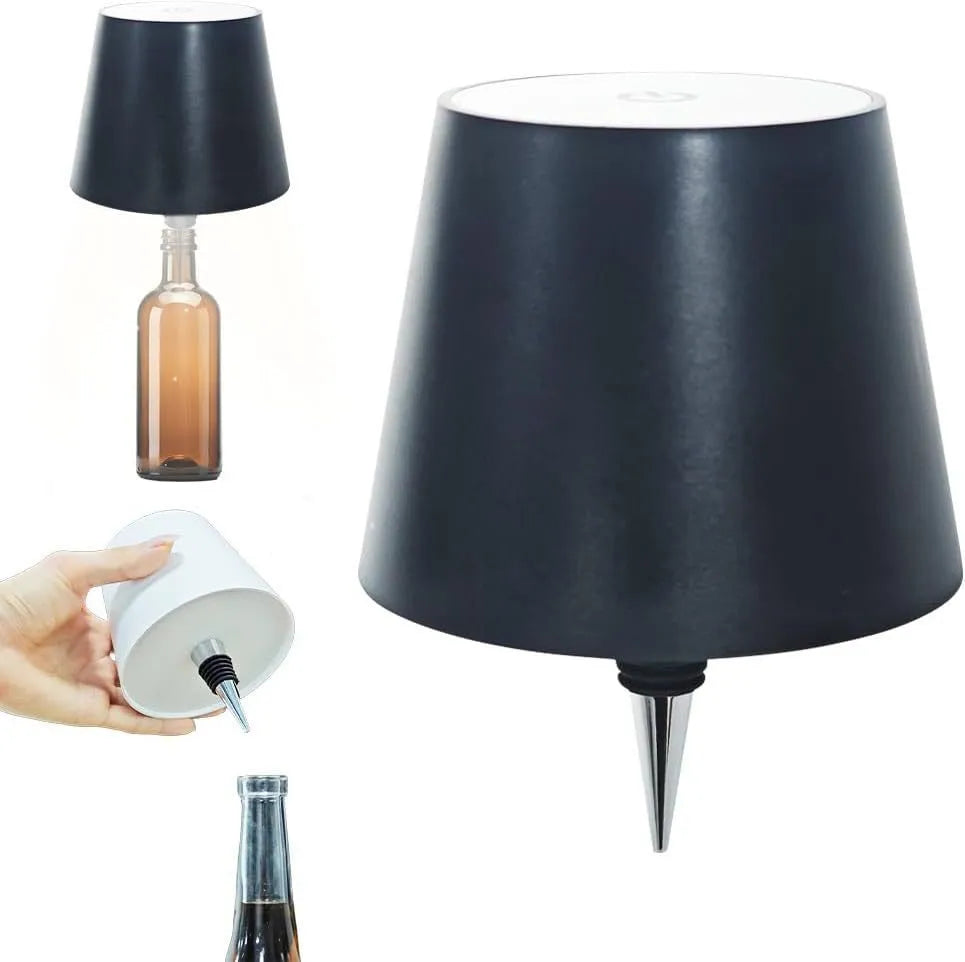 LED wine bottle table lamp with USB charging and three colour dimming modes in a white cylinder base