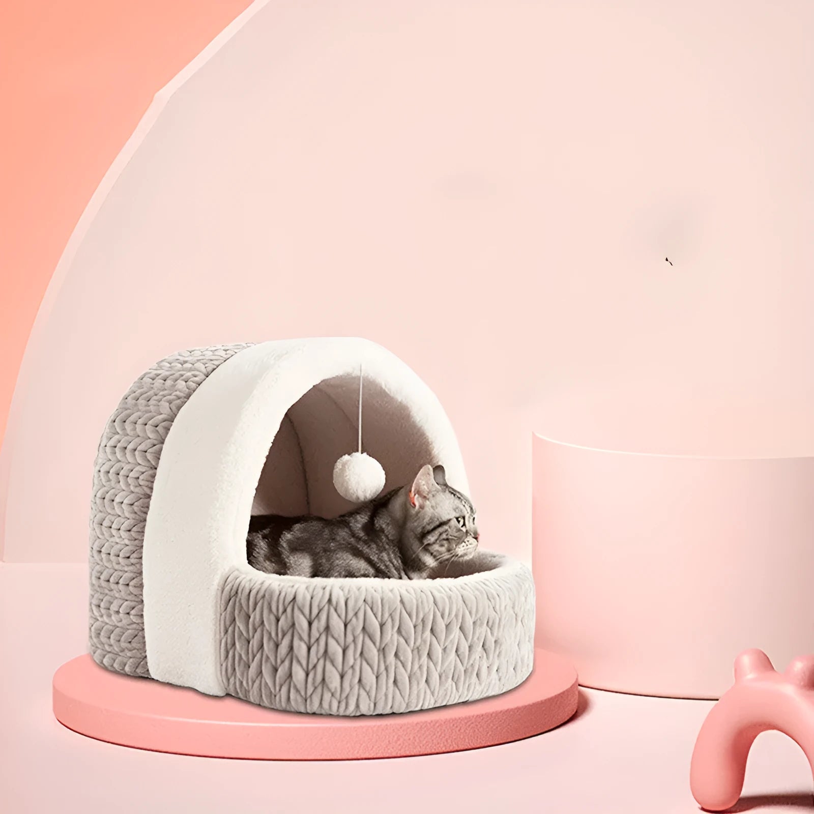 Four Seasons semi-enclosed cat bed in gray cloth for small dogs and cats