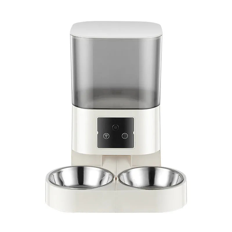 Automatic pet feeder in white with single bowl, featuring timing and remote control for cats and dogs.