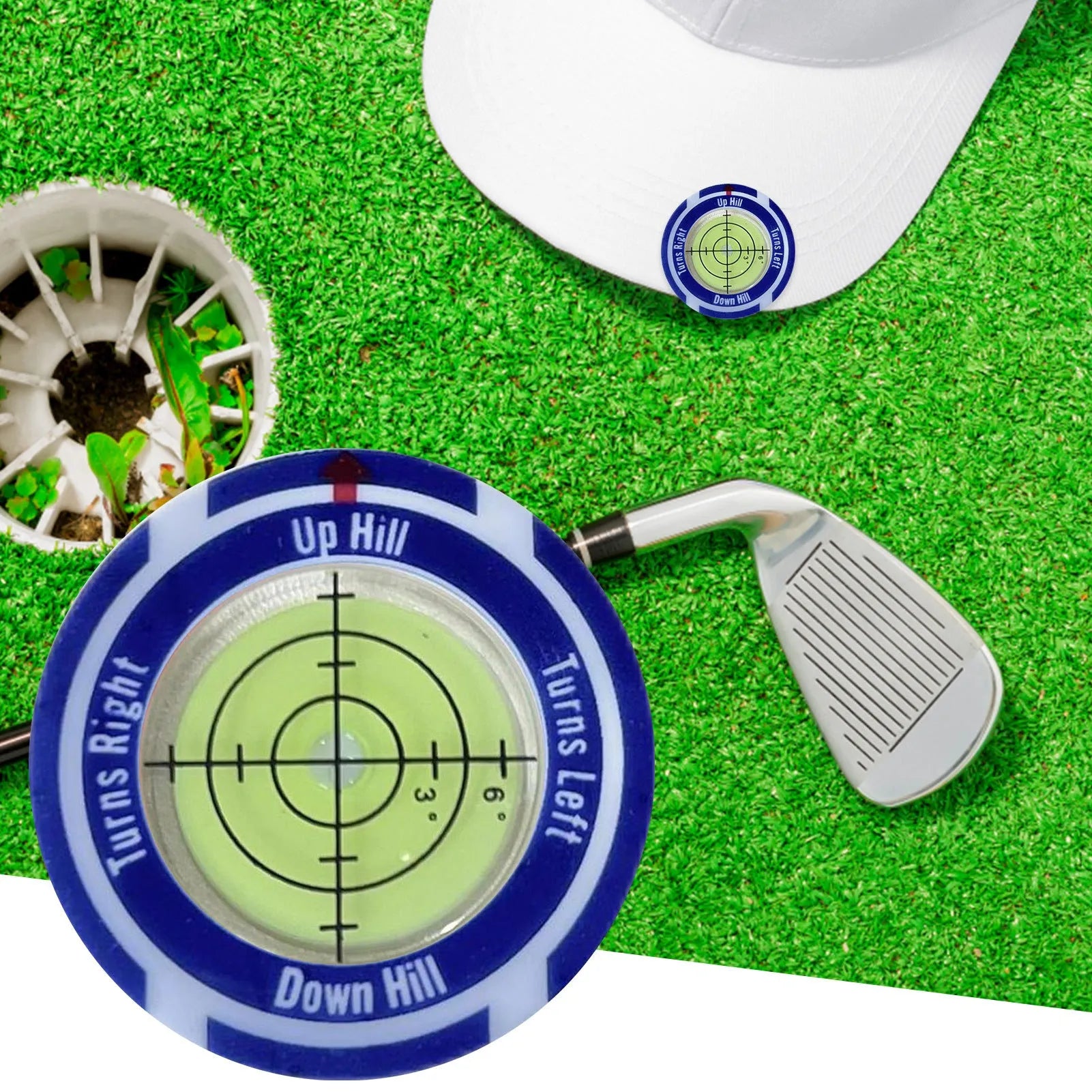 Golf level measurement tool with hat clip and green position markings for score tracking