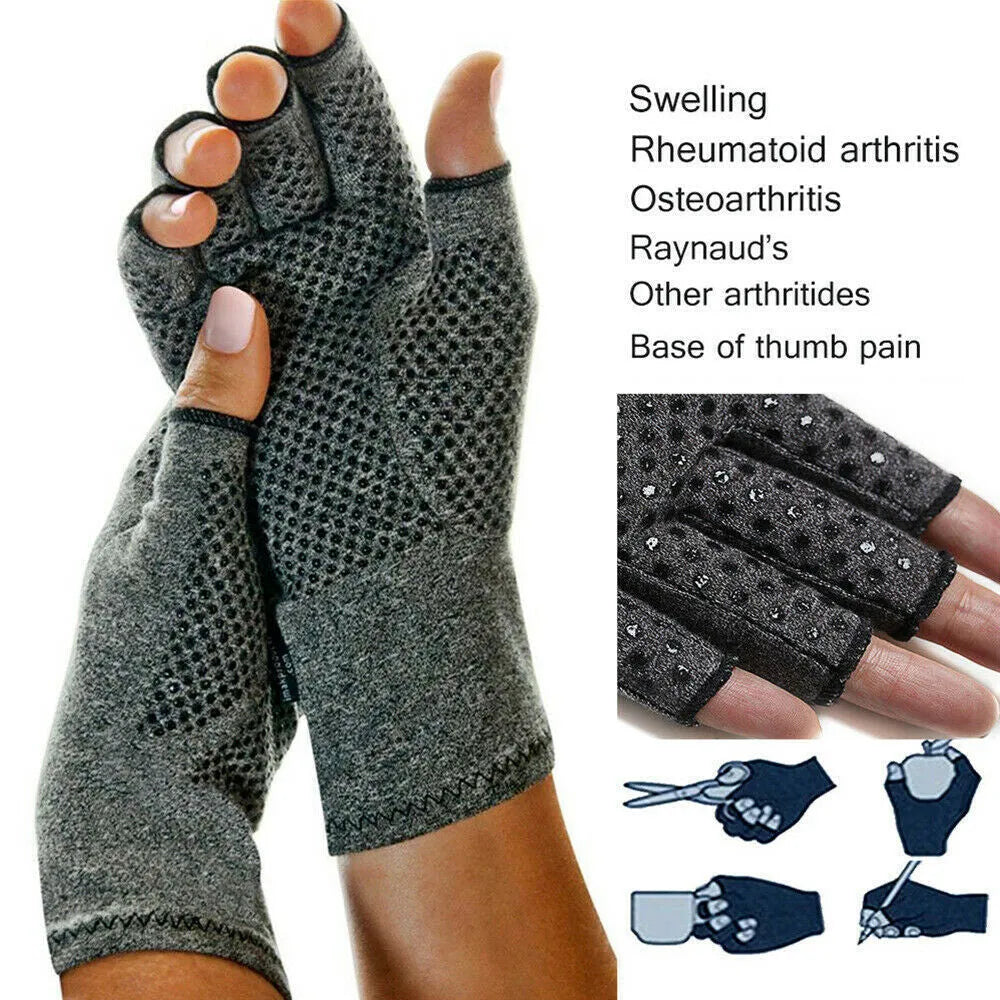 Grey half-finger joint compression gloves with an anti-slip palm pattern, shown laid flat.