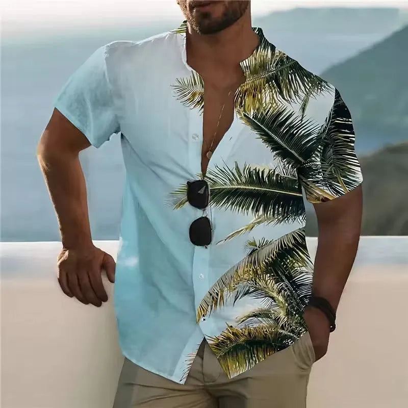 Men's loose fit floral printed cardigan shirt with short sleeves for summer beach wear