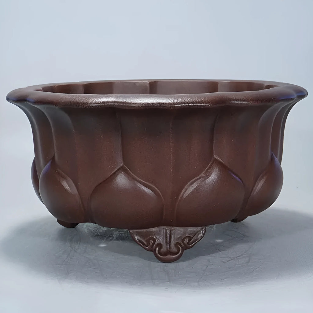 Square purple-red antique Petal Basin flowerpot for bonsai plants on a surface.