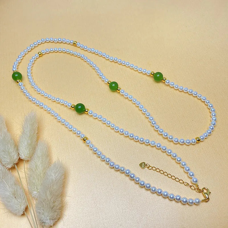 925 sterling silver twin clavicle necklace with 4mm pearl, 8mm green chalcedony bead and 4mm silver beads