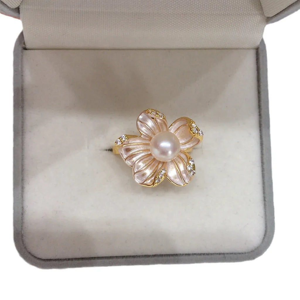 5A freshwater pearl ring with 18K real gold plated frosted flower design and adjustable open band in white or grey