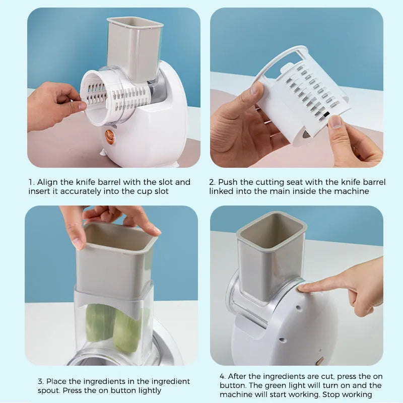 White electric vegetable slicer with suction base and interchangeable blades on kitchen counter