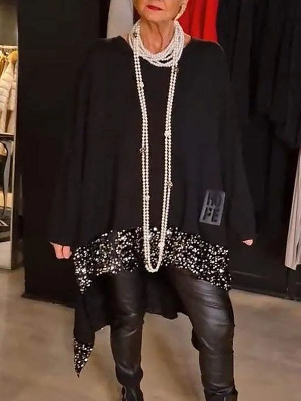 Loose irregular hem sequin stitching long sleeve top in black, front view, street hipster style, polyester fabric