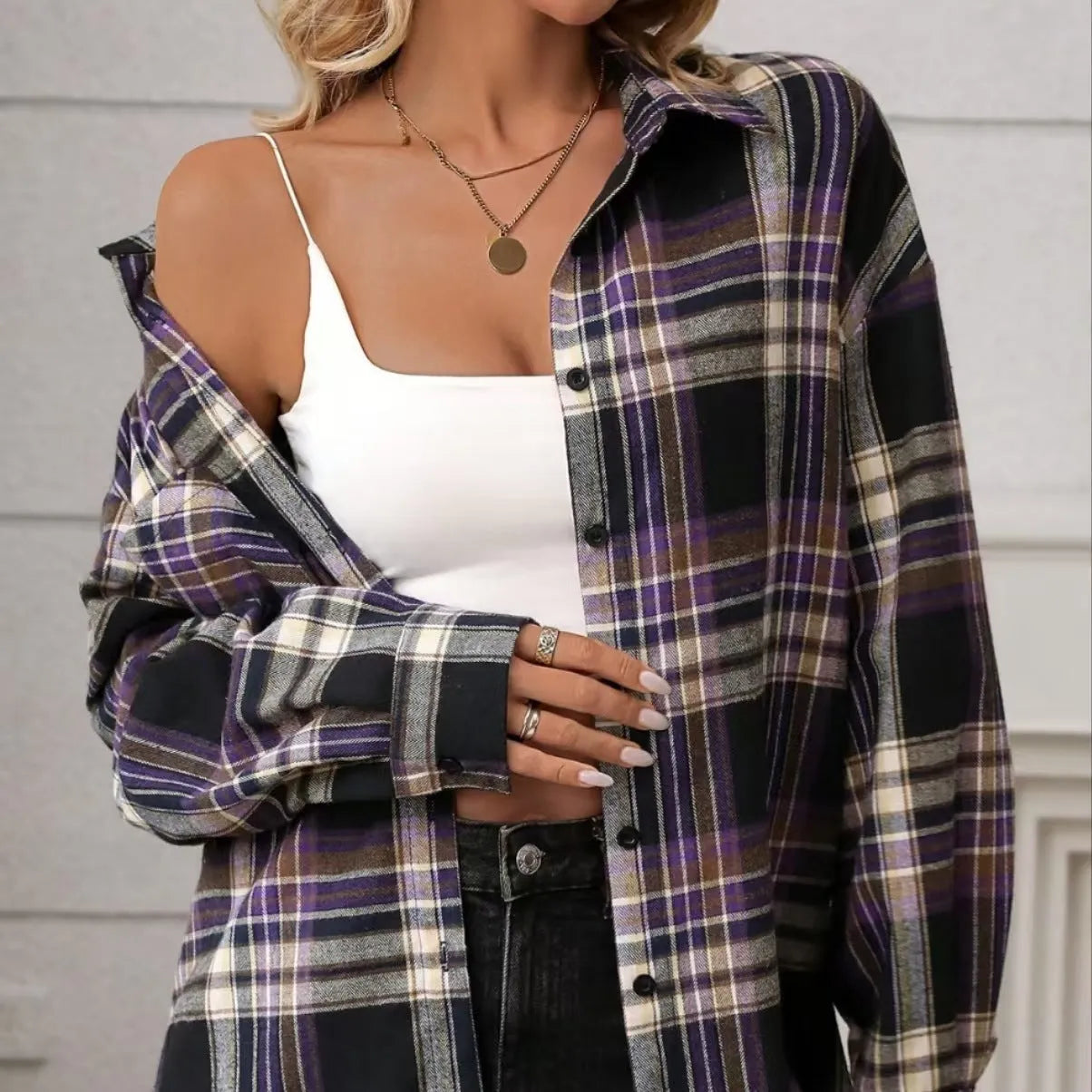 Women's loose-fit long sleeve plaid shirt in cotton, shown in black, green, or purple colour options.