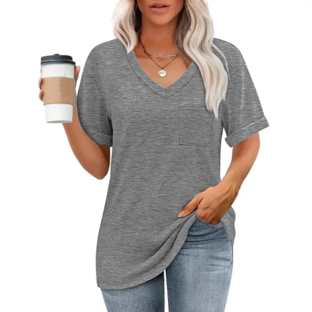 Grey men's loose fit V-neck t-shirt with a chest pocket on a solid background