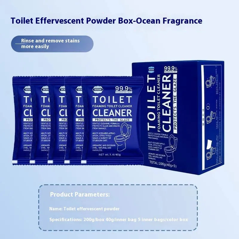 Toilet bubble descaling powder in blue ocean or pink floral fragrance, 240g bag or 5x40g box.