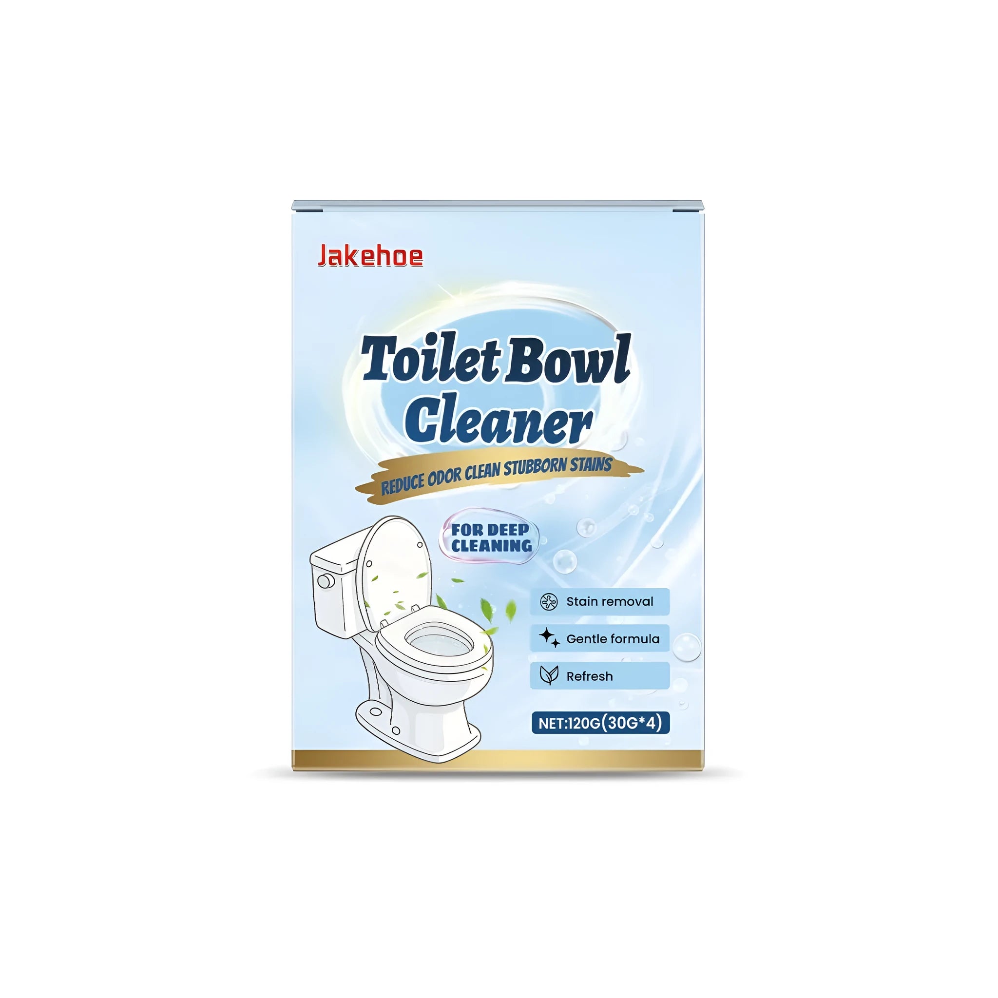 Pack of four 30g effervescent toilet cleaning powder tablets on a bathroom surface.
