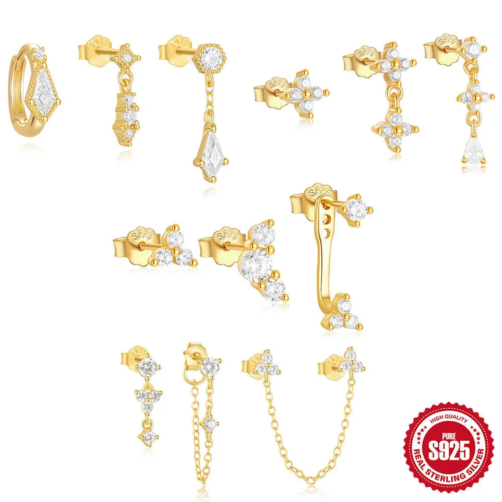 Set of three S925 sterling silver geometric zircon tassel ear studs for women on a white background.
