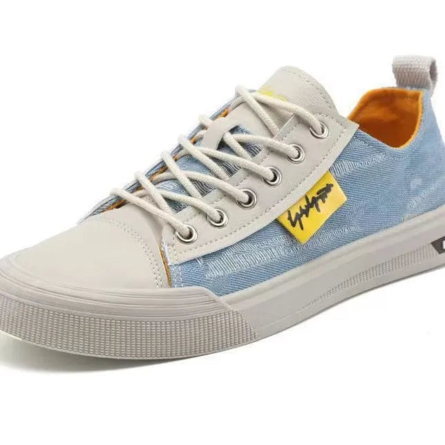 Men's dark blue round toe canvas shoes with white laces and a rubber sole.